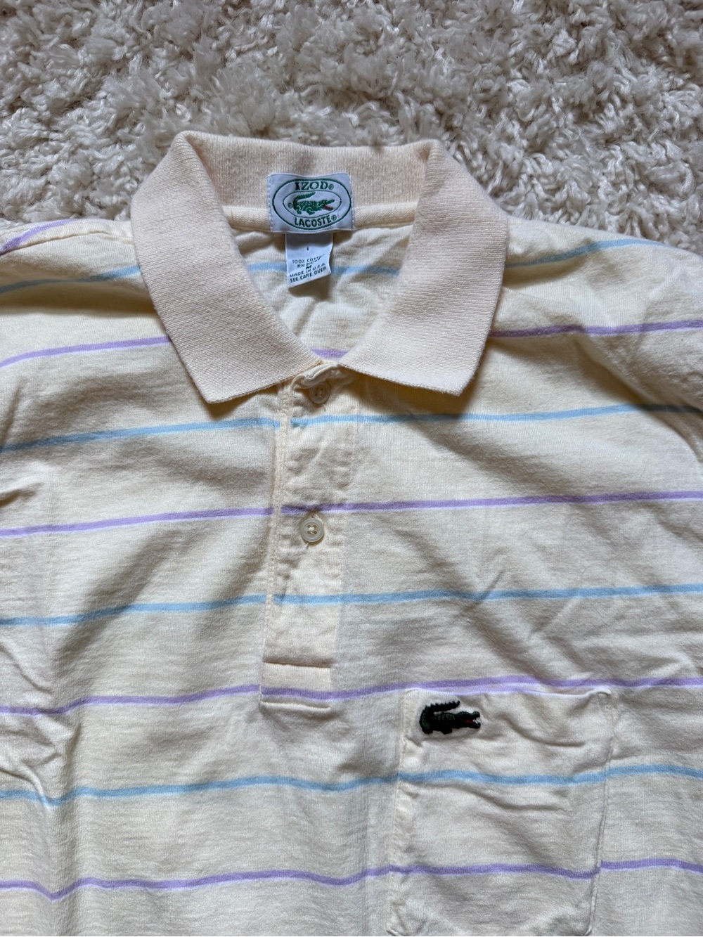 Vintage 80’s Lacoste Men’s Polo Faded Yellow With Light Blue & Lavender Stripes.